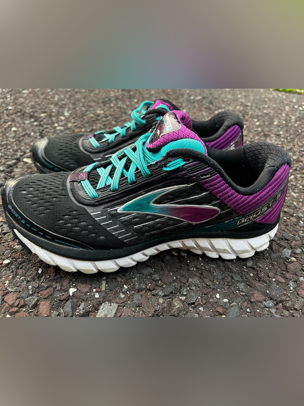 Brooks Ghost 9 Women’s 7.5D Wide Running Shoes Black Purple Teal